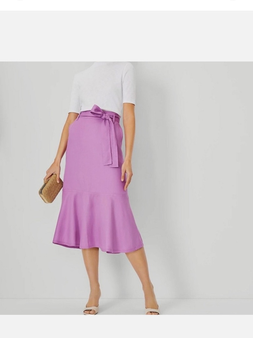 Ann Taylor Tie Waist Flounce Midi Skirt in Frosty Magenta